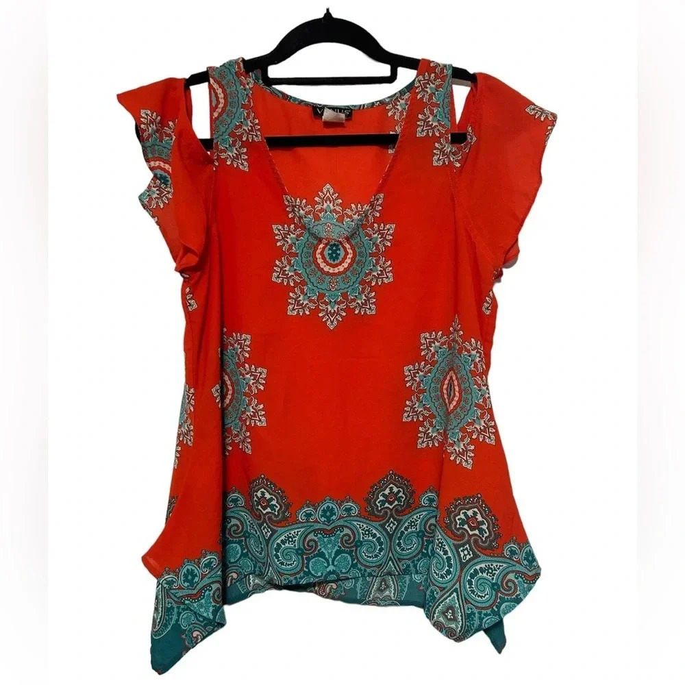 Venus Boho Mandala Bright Orange Cold Shoulder Asymmetrical Top Size S